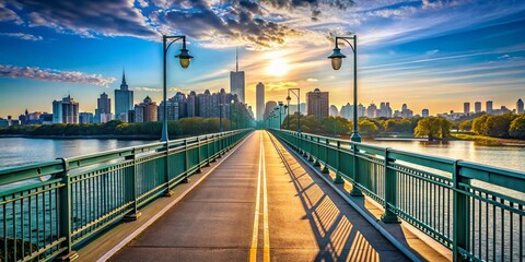 Panoramic View: Empty Pedestrian Walkway, Triborough Bridge, NYC Skyline