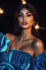 Woman in a blue velvet dress poses elegantly against a dark backdrop with decorative lights during a fashion shoot at night