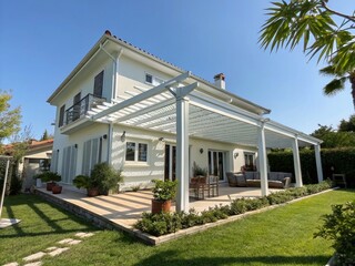 Panoramic View: Modern White House Bioclimatic Pergola Design