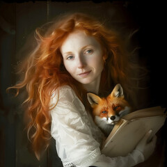 Rudowłosa dziewczyna z czerwonym lisem, portret