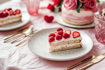 Slice of berry-topped cake on a pink table with roses and gold cutlery, valentines day bunch concept 