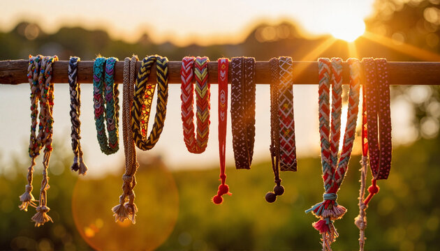 Colorful friendship bracelets hanging in sunlight, joyful atmosphere, summer vibe, warm colors, copy space