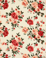 Vintage floral pattern with red and pink roses on cream background