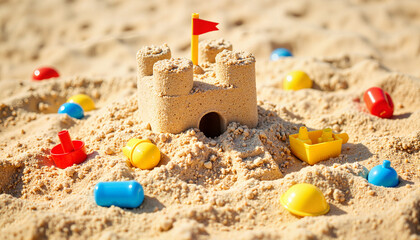 Colorful sandbox castle with toys and a flag on a sunny beach for kids' playful activities