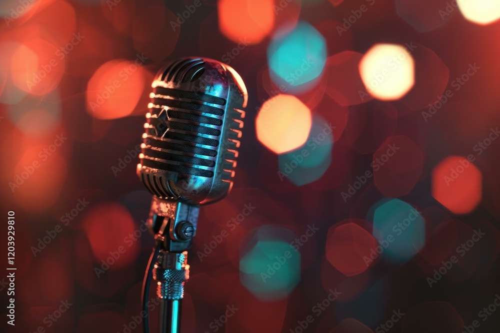 Poster retro microphone standing on stage illuminated by colorful bokeh lights, creating a vibrant and nost