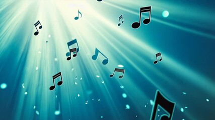 Musical Notes in the Spotlight: A symphony of swirling musical notes dance against a vibrant turquoise background, illuminated by a radiant beam of light.
