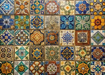 Panoramic View of Antique Tiles: Colorful, Ornate, Historic Floor and Wall Tiles