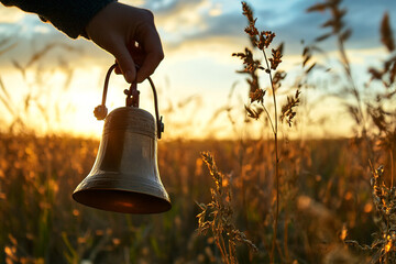 Close up of hand holding a brass bell in a golden field at sunset