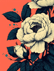 Elegant sketch of blooming roses with bold leaves and paint splatters on vibrant coral background, evoking modern artistic vibe