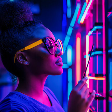 Black woman in store look on lash tool, neon lights, leds, futuristic store