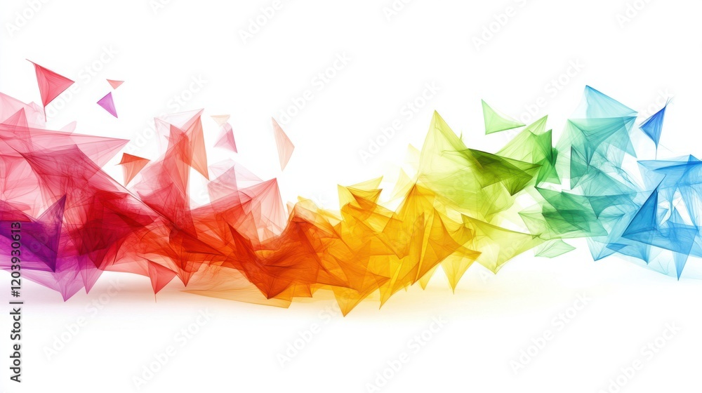 Poster colorful abstract wave of translucent triangles flowing dynamically across a white background