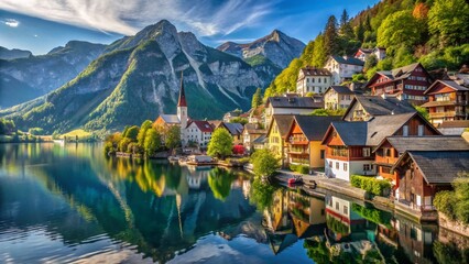 Fototapeta premium Panoramic View of Charming Houses in Hallstatt, Austria - Picturesque Alpine Village