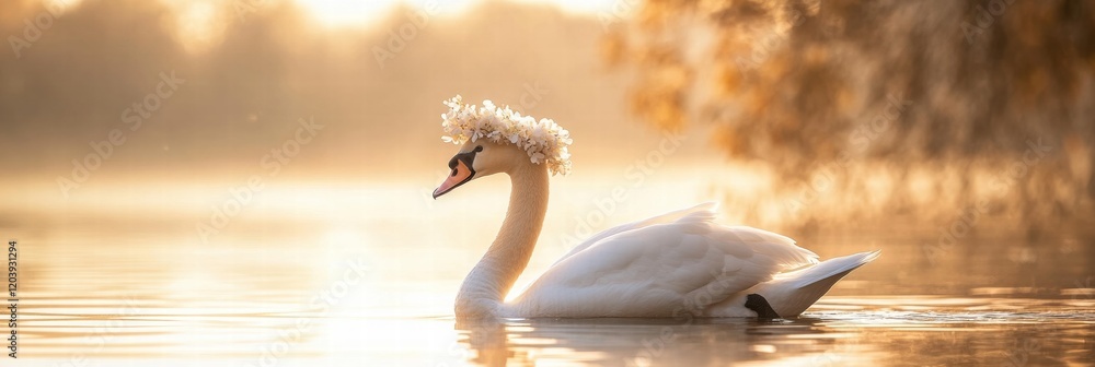 Poster elegant swan adorned with flowers gliding on tranquil water during golden hour at a serene lake. gen