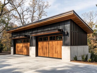 Fototapeta premium Modern Farmhouse Garage: A contemporary two-car garage boasts a sleek design with dark metal siding, wood accents, and expansive double garage doors.