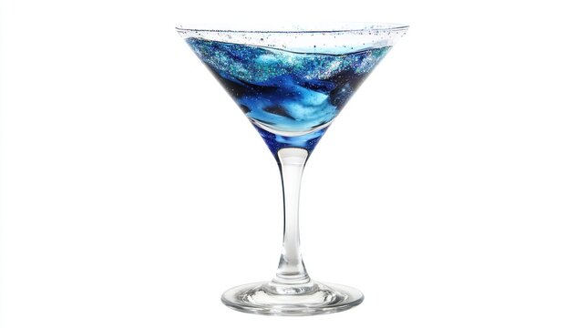 Blue cocktail swirling in martini glass, white background, bar menu