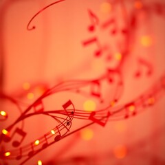 Abstract red musical notes and lights.