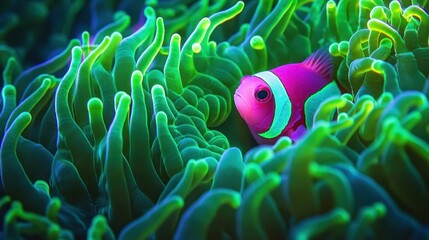 Pink anemonefish hiding in coral reef, underwater scene, ocean background, nature documentary