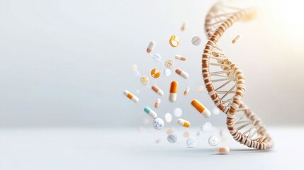 DNA Strand with Colorful Medical Pills and Capsules on Light Background