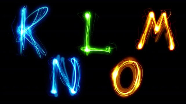 Appearing neon scribble English alphabet. Animated hand drawn isolated K, L, M, N, O glowing doodle letters together and separately on a transparent alpha channel.