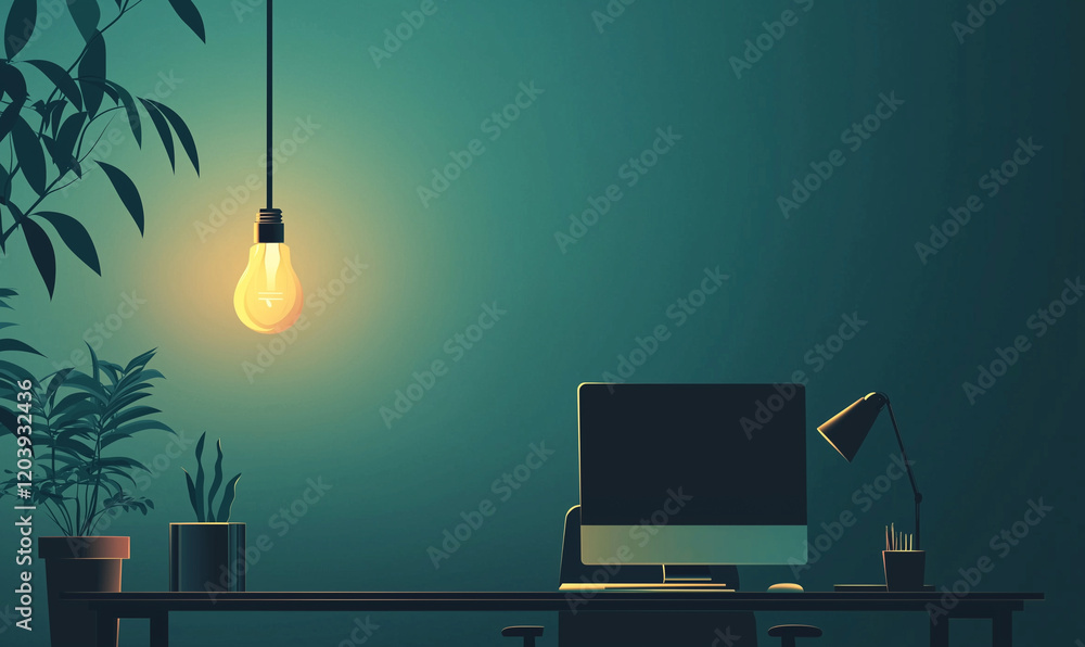 Aufkleber cozy workspace with a glowing light bulb, a computer, and a plant, creating an inviting and serene a