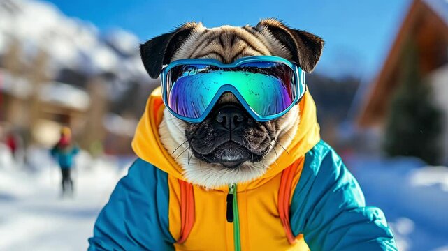 A cute pug wearing a vibrant winter jacket and ski goggles stands upright in the snowy landscape surrounded by mountains and trees on a sunny day
