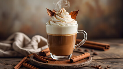 A warm Cinnamon Dolce Latte with whipped cream and cinnamon leaf design, set on a rustic wooden table, evoking comfort and relaxation with its rich espresso and sweet cinnamon aroma.