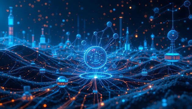 A digital ecosystem with decentralized nodes, digital coins, and various financial platforms interconnected in a futuristic digital landscape