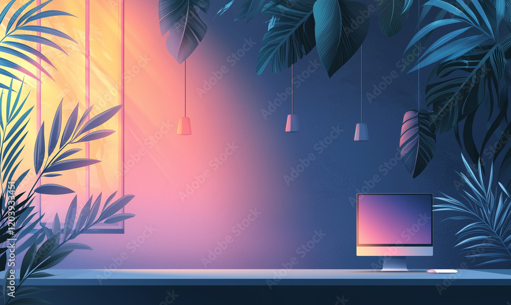Aufkleber a serene workspace with a computer, surrounded by lush plants and soft pastel lighting, creating a c