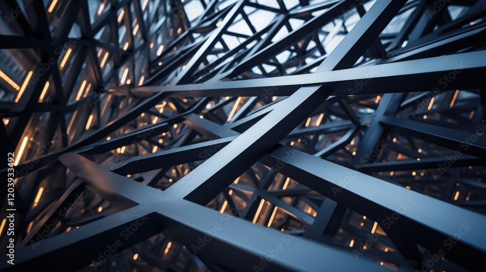 Poster close-up shot of steel beams and structural framework highlighting intricate patterns and modern arc