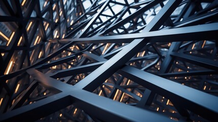 Fototapeta premium Close-Up Shot of Steel Beams and Structural Framework Highlighting Intricate Patterns and Modern Architectural Design Elements
