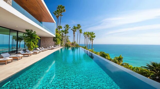 A modern villa featuring an infinity pool with refreshing clear water and palm trees by the ocean under blue skies