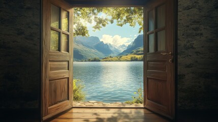 Open wooden doors reveal a serene landscape with mountains, lake, and lush greenery