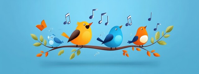 Fototapeta premium Colorful Cartoon Birds Singing on a Branch with Musical Notes, Landscape Illustration of Nature, Joyful Scene, Peaceful Atmosphere, Digital Art Creation, Vibrant Colors