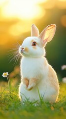 Fototapeta premium Adorable White Rabbit with Light Orange Markings Standing on Green Grass with Sunlight and Flowers in a Beautiful Natural Setting During Golden Hour