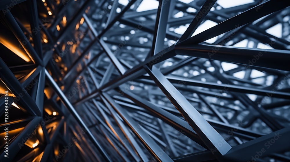 Poster close-up perspective of intricate steel framework with geometric patterns and warm lighting highligh
