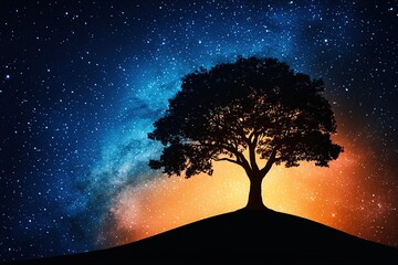 A solitary tree silhouette against a vibrant starry sky, with shades of blue and orange creating a mystical atmosphere.