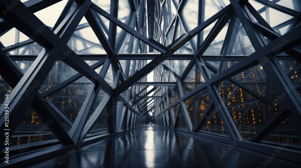 Poster intricate black steel frame architecture with unique structural design illuminated by ambient lighti