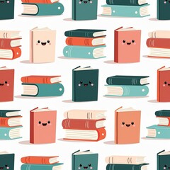 Seamless Pattern Modern Books Detailed Style Isolated White Background Kawaii Smiles Muted Pastel Colors Geometric Shapes
