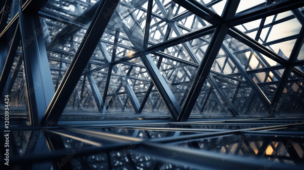 Poster intricate black steel frame structure captured in brilliant light showcasing a unique geometric desi