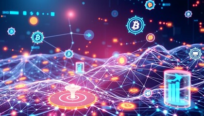 Fototapeta premium A digital ecosystem with decentralized nodes, digital coins, and various financial platforms interconnected in a futuristic digital landscape