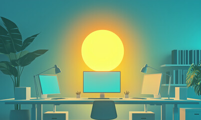 A serene workspace illuminated by a large sun, featuring a computer, desk lamps, and indoor plants, blending nature with technology.