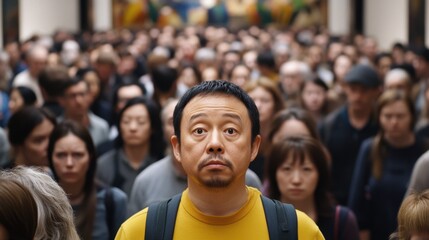 Fototapeta premium Man standing in a crowded room with a surprised expression, surrounded by many people