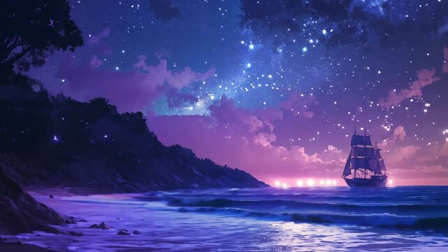 A serene coastline under a starry twilight sky with a sailing ship illuminated by the soft purple and pink hues of the horizon, framed by silhouetted cliffs and gentle waves