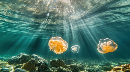 Sunlit jellyfish underwater ocean rocky seabed scene