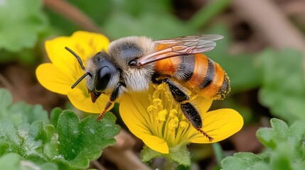 Macro shot of a bee collecting pollen from a vibrant spring flower