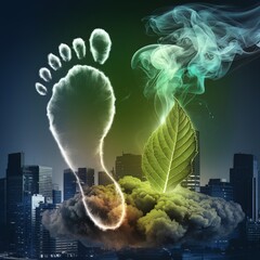 Green Footprint and Leaf Amid Urban Pollution Backdrop