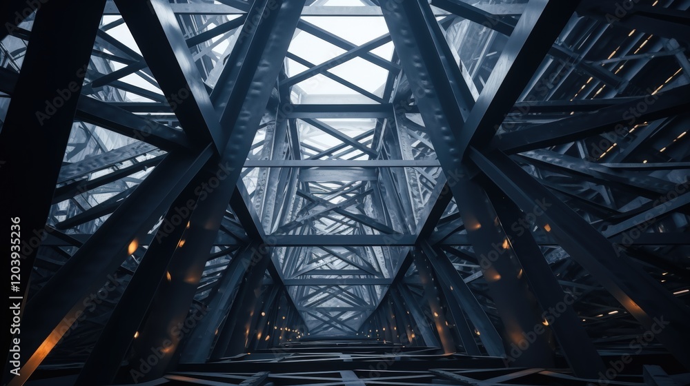 Aufkleber detailed wide shot of a steel structure with intricate framework and dim lighting creating an atmosp