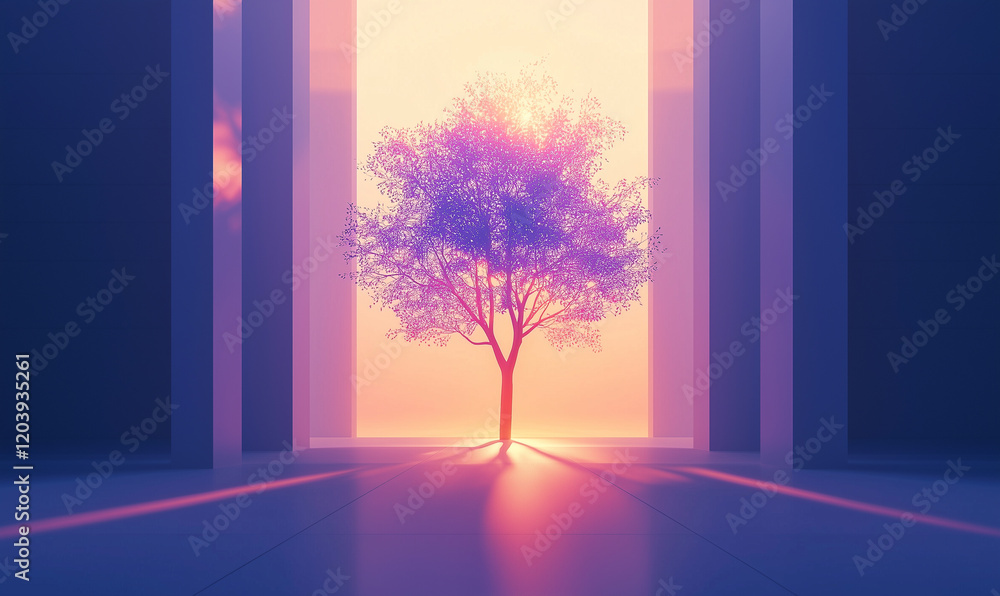 Poster a vibrant tree stands illuminated in a serene, abstract space, surrounded by walls that create a pea