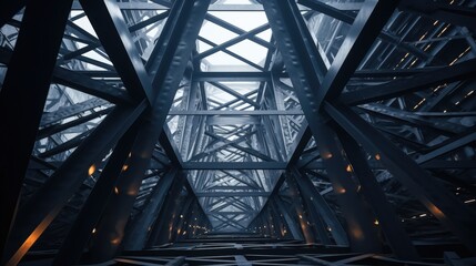 Fototapeta premium Detailed Wide Shot of a Steel Structure with Intricate Framework and Dim Lighting Creating an Atmospheric Industrial Scene