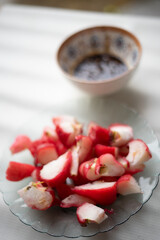 Sliced fresh water apples served with a traditional spicy sambal dip,